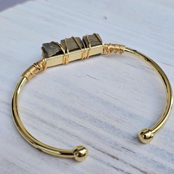 Raw Pyrite Wire Wrap Cuff w/ 14Kt Gold Over Copper – Handmade & Adjustable - Picture 6 of 10